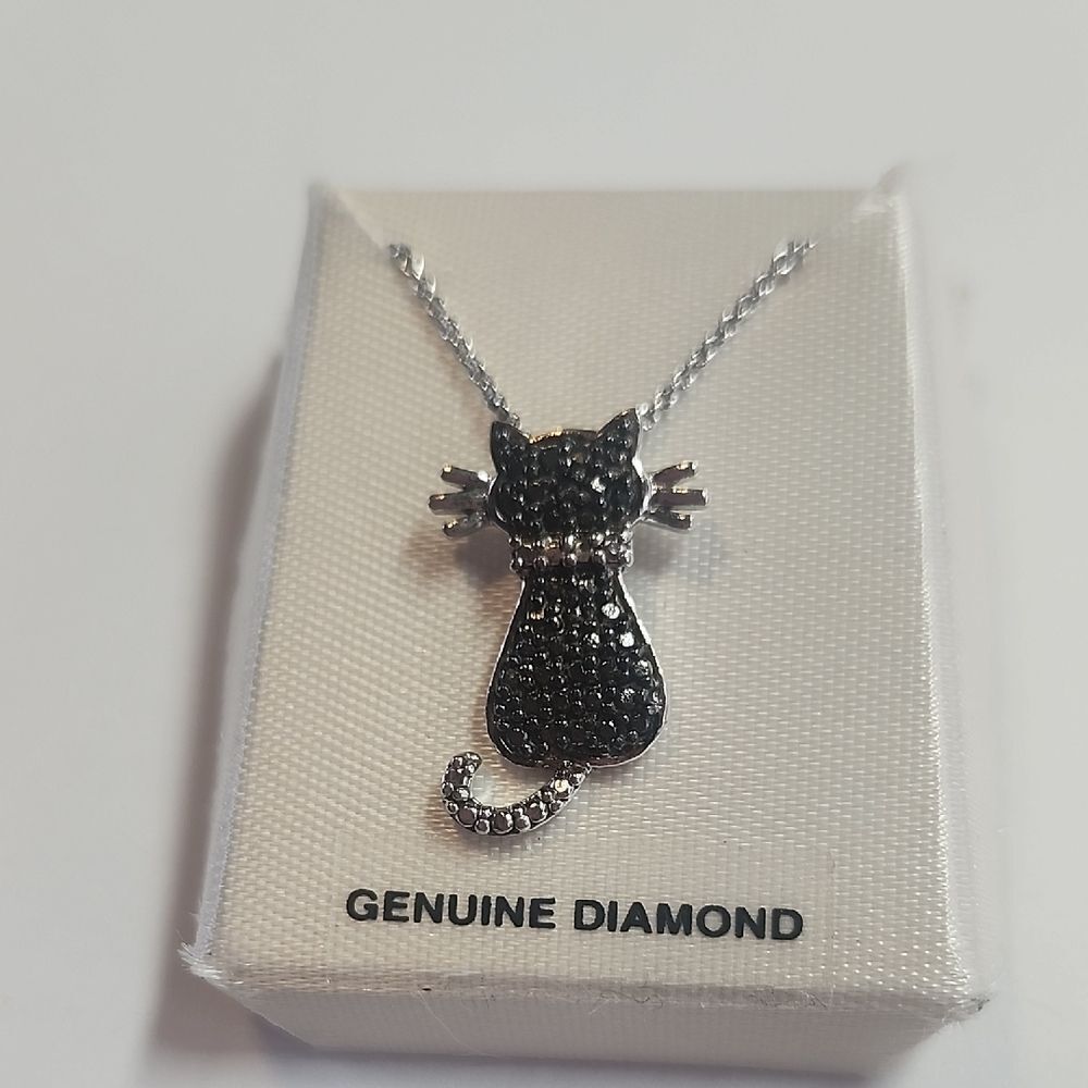 Diamond Cat Pendant Necklace Sterling Silver